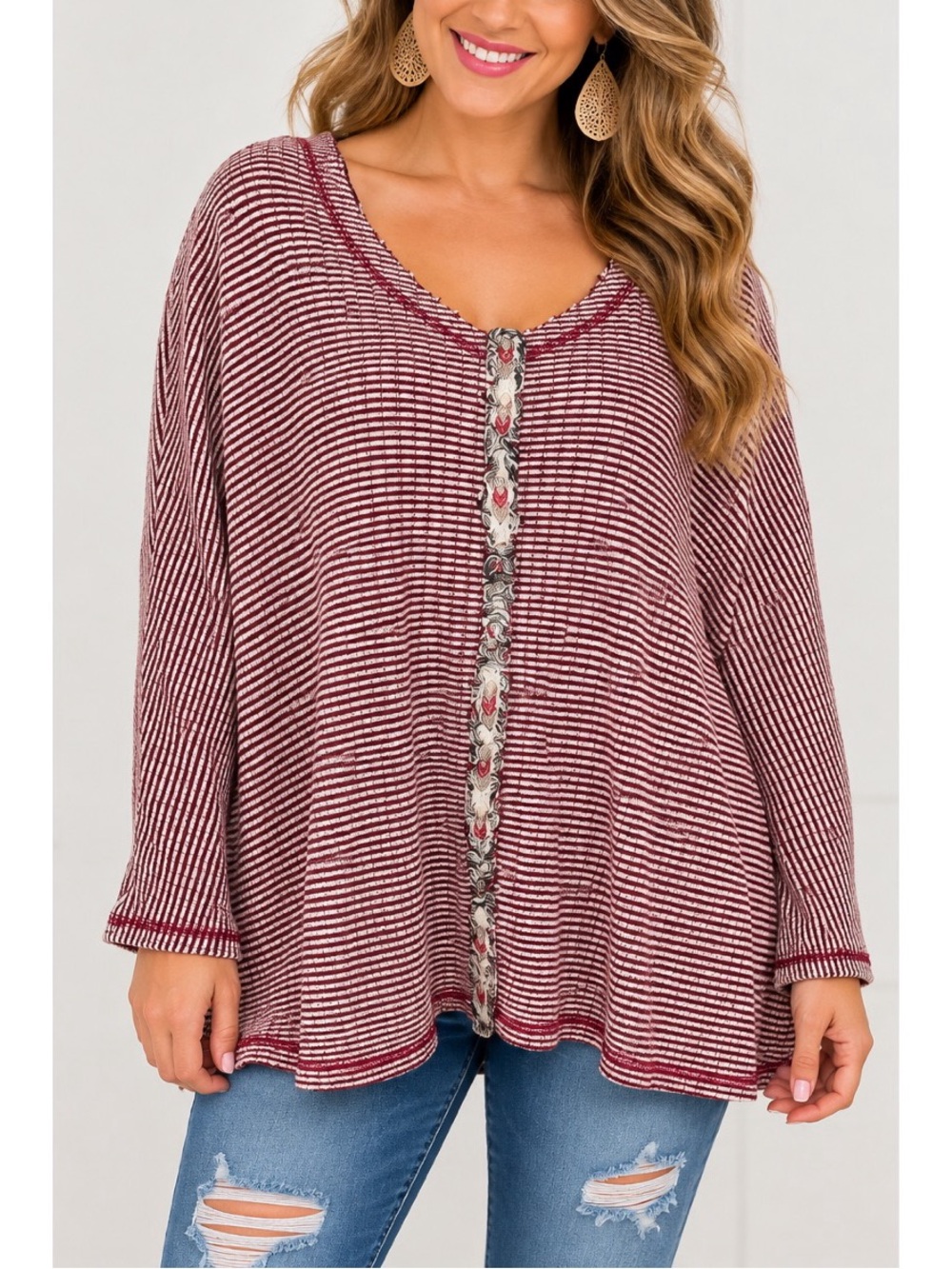 Oddy Burgundy & Cream Striped Top- M/L
